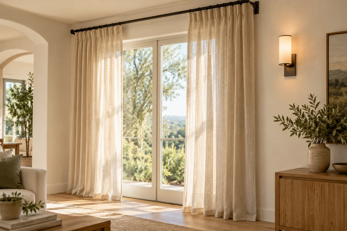 Illustrative room with linen curtains, a curtain rod and a wall light